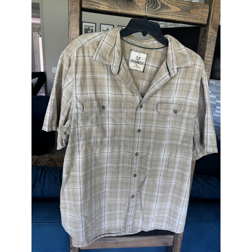 Outdoor Life Mens XL Tan White Plaid Short Sleeve Button Down Cotton Shirt